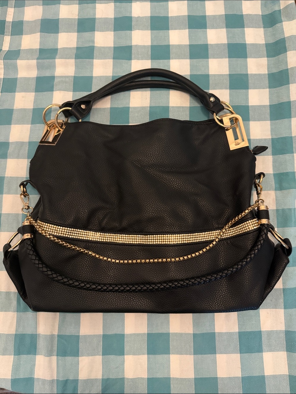 Black Shoulder Tote with Gold Chain Accents